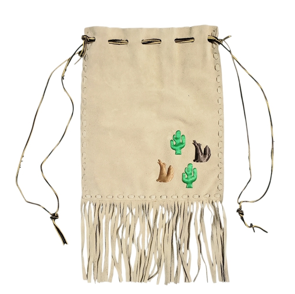 Southwestern Style Handmade Genuine Leather Fringed Drawstring Shoulder Bag